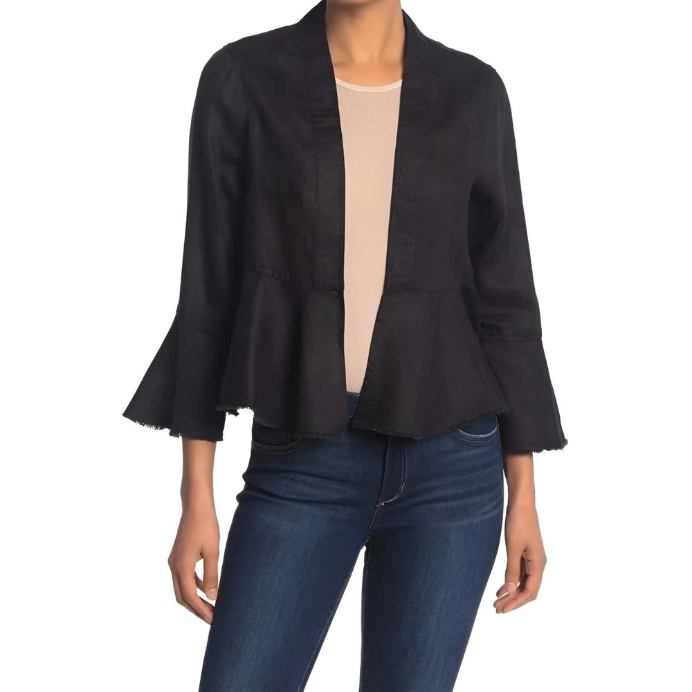 Tommy Bahama Womens Jacket Linen Peplum Bell‎ Sleeve Open Front Black Small